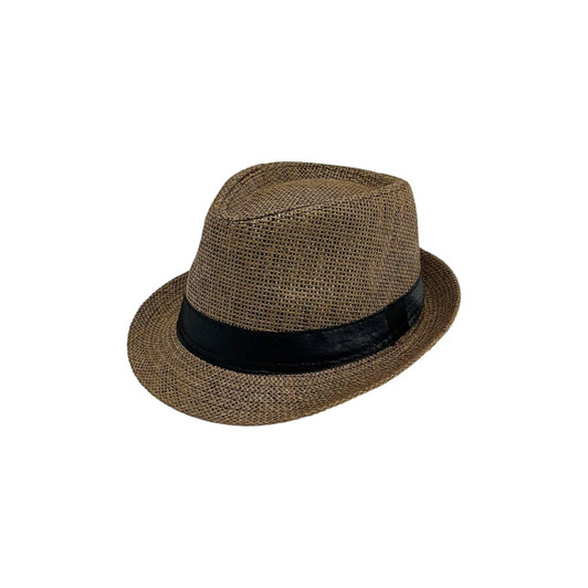 A straw hat in a natural brown colour with a black ribbon around the base. The hat has a classic fedora shape.
