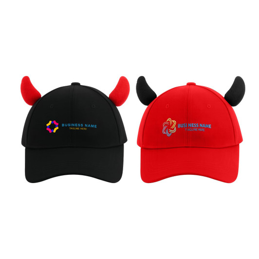 A black and a red baseball cap with horn-shaped accents and branding on the front.