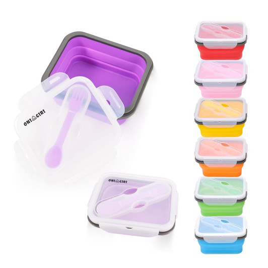 A reusable silicone food storage container in purple, accompanied by various containers in pink, orange, yellow, and blue.