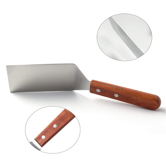 A stainless steel turner with a wooden handle and two rivets, featuring a flat blade design.