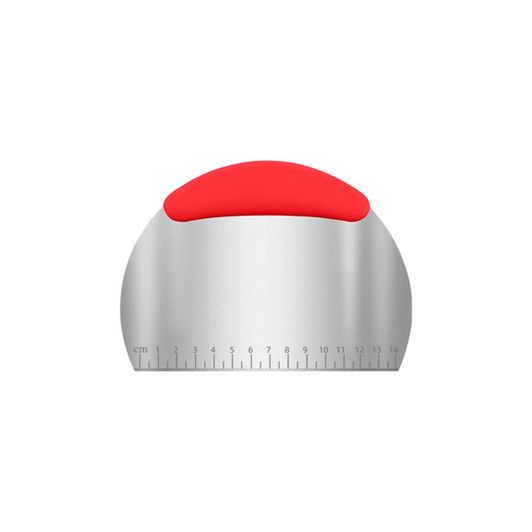 A flour cutter with a silver stainless steel blade and a red ergonomic grip, featuring measurement markings.