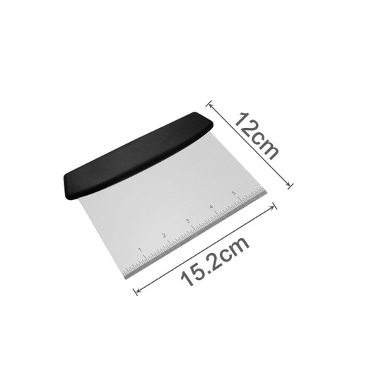 A bench scraper with a black plastic handle and a stainless steel blade, featuring measurement markings.