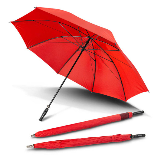 A red "Hurricane Sport Umbrella" is open, with two closed sections displayed beside it, featuring a logo.