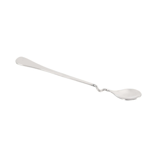 A silver hanging cup spoon with a unique curved design, featuring a long handle and shallow bowl.