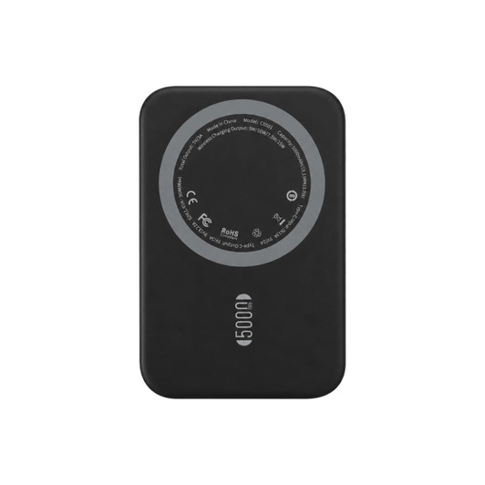 A black 5000mAh magnetic wireless power bank, featuring a smooth surface and a circular branding area on the back.