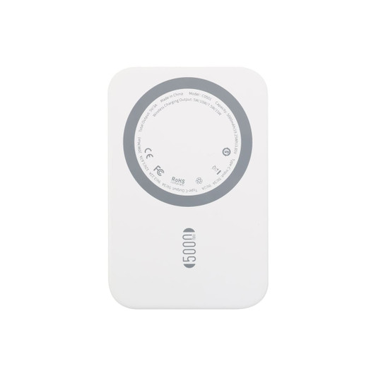 A white 5000mAh magnetic wireless power bank with a circular design on the back, featuring a logo.