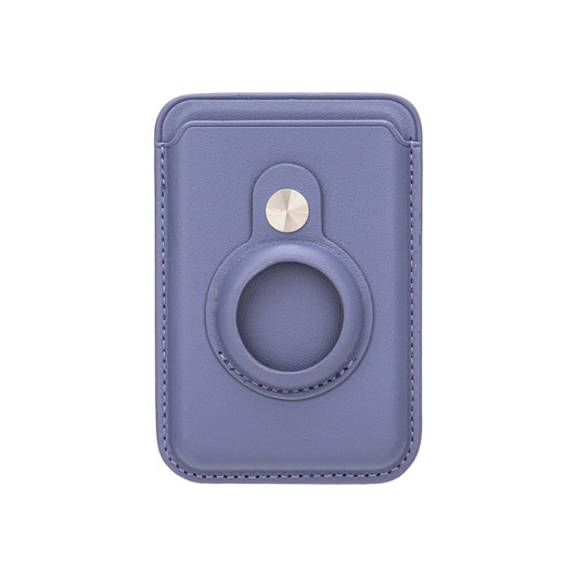 A purple PU magnetic card and Airtag holder with a circular slot and a metal button. It features stitched edges and a sleek design.