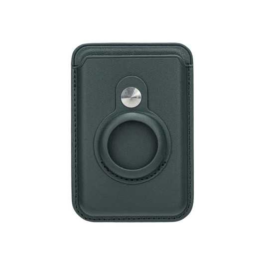 A dark green PU magnetic card and AirTag holder with a circular slot and metal button. It features a smooth finish.