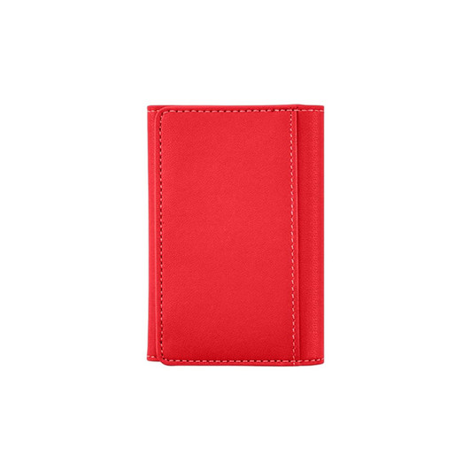 A red PU magnetic wallet with a textured surface and contrasting stitching, featuring a logo on the front.