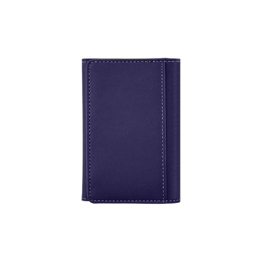 A purple PU magnetic wallet with stitching details and a simple design. It features a logo.