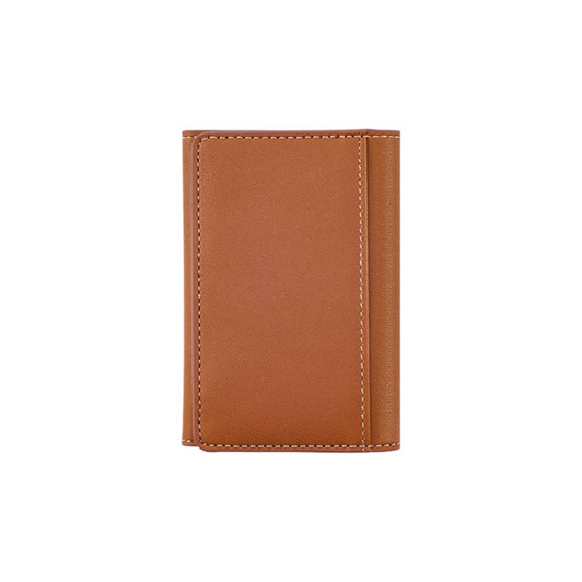 A PU magnetic wallet in a tan colour with visible stitching and a simple design. It features a logo on the exterior.