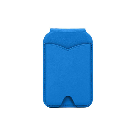 A blue PU magnetic card holder with a mirror, featuring a sleek design and a pocket for cards.