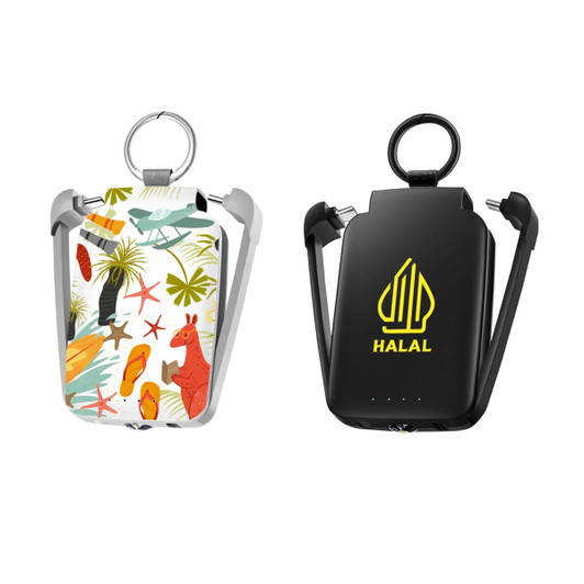 A mini power bank with a flashlight, featuring a colourful tropical design on one side and a black side with a logo.