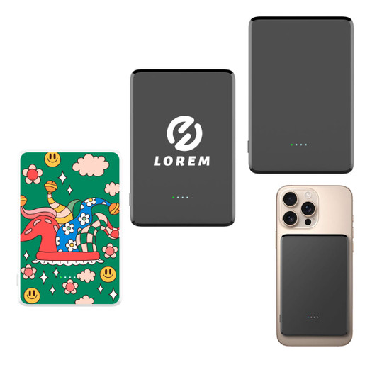 A collection of power banks, including a colourful design and a sleek black model, with a logo present.