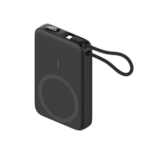A black 10000mAh magnetic wireless power bank with a charging cable and a strap for easy carrying.