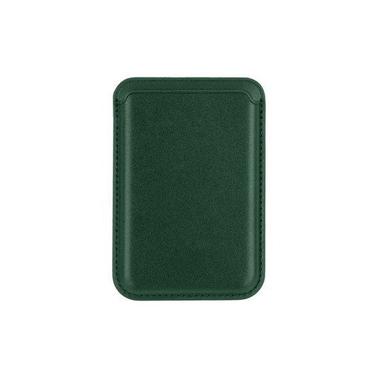 A green PU magnetic phone card holder with a smooth finish and stitching around the edges. It features a logo.
