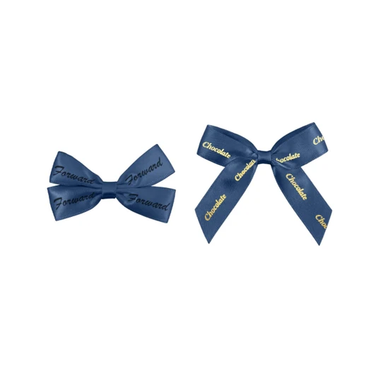 Two adhesive bows in navy blue with gold text, featuring one bow labelled "Forward" and the other "Chocolate."