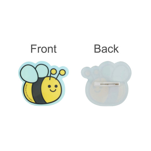 A custom acrylic name badge featuring a yellow and black bee design with a pin backing.