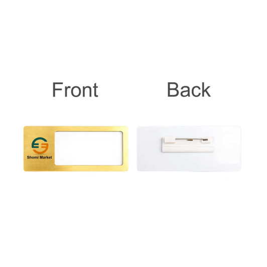 A gold reusable metal name badge with a clear front and a white back featuring a logo.
