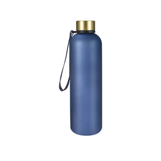 A drink bottle in matte navy blue with a gold lid and a strap. The bottle is made of BPA-free Tritan material and features a logo.