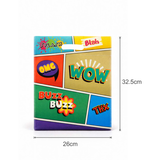 A vibrant multi-colour tote bag featuring various comic-style speech bubbles and a logo. Dimensions are 26cm x 32.5cm.