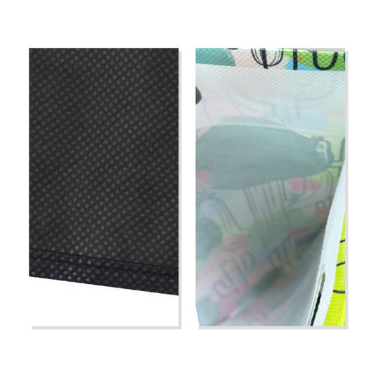 A textured black material and a colourful patterned fabric, showcasing different sections of a tote bag with a logo.