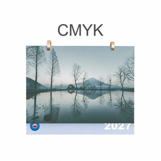 A desk calendar featuring a serene landscape with trees and mountains reflected in water, displaying shades of blue and grey.