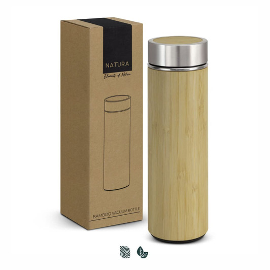 A drink bottle with a bamboo finish and metal lid, displayed beside its cardboard packaging. It has a logo on the bottle.