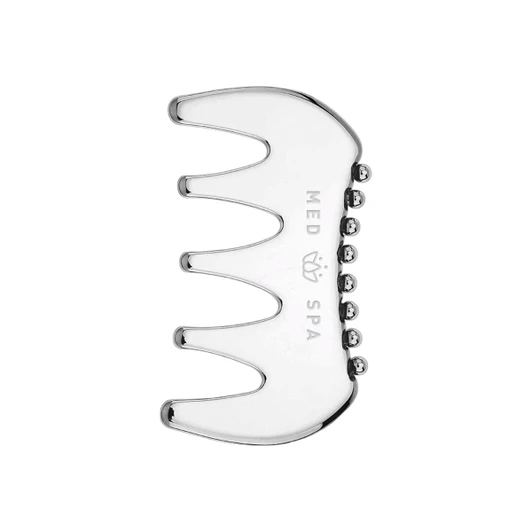 A metallic 2 in 1 scraping board with multiple rounded prongs, designed for health and beauty use.