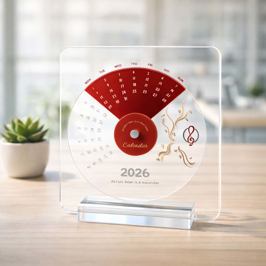 An acrylic desk calendar featuring a red and clear design, displaying the year 2026 with decorative elements.