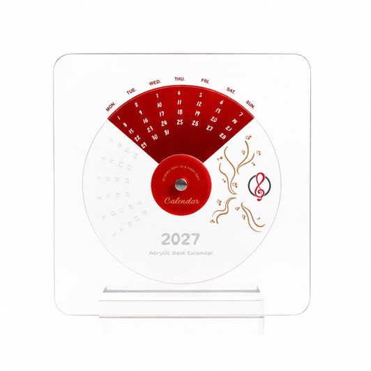 Acrylic desk calendar with a circular design featuring red and white colours, showcasing days of the week and decorative elements.