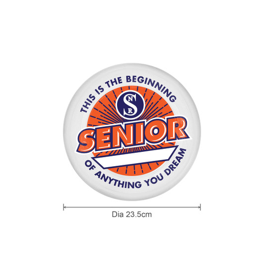 A frisbee in white and orange with a circular design and a logo, featuring the word "SENIOR" prominently displayed.