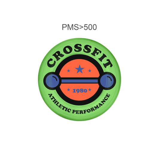 A green frisbee with a circular design featuring an orange barbell, stars, and the word "CrossFit".