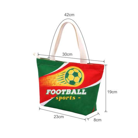 A tote bag featuring a red and green design with a sports theme, measuring 42cm by 30cm. It has a logo.