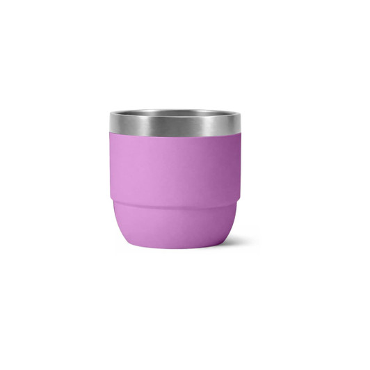A drink bottle in vibrant purple with a stainless steel rim and a stacked design, featuring a logo.
