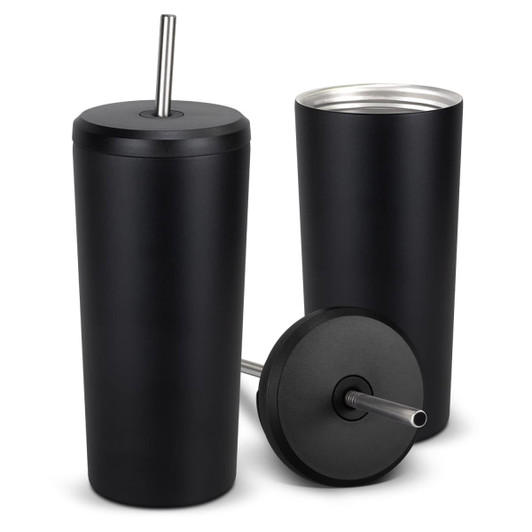 A drink bottle in matte black finish featuring a stainless steel straw and a sleek design. It includes a logo.