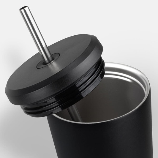 A drink bottle with a sleek black exterior, featuring a stainless steel straw and a fitted lid.