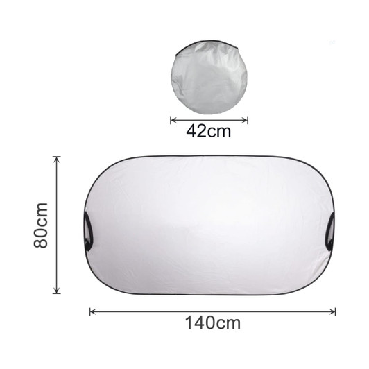A light-blocking car sun shade in silver with black trim, featuring dimensions of 140cm by 80cm and a compact storage size of 42cm.