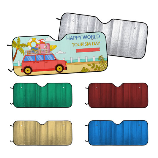 A full colour printed bubble aluminium car sun shade featuring a red car with a sunny backdrop and various colour options.