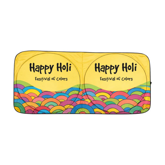 A twin circular sun shade featuring a vibrant yellow design with colourful waves and text celebrating Holi.