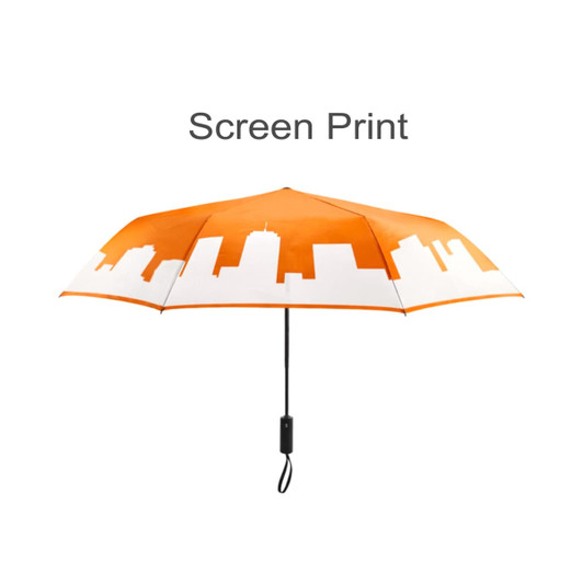 An orange and white 23'' umbrella features a skyline design, with a black handle and a logo.