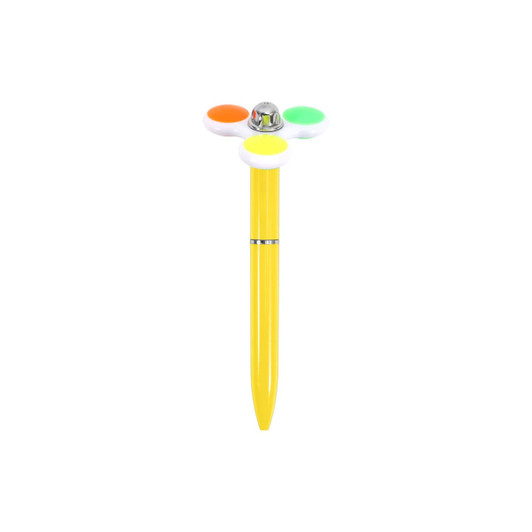 A fidget pen in bright yellow with three colourful fidget buttons: orange, green, and white. It features a logo.