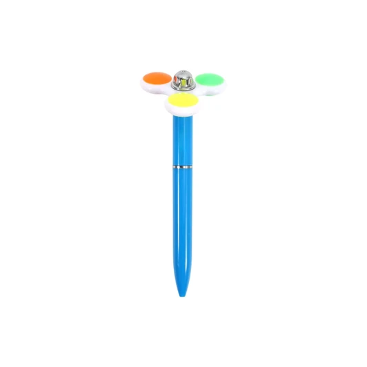 A blue pen with a spinning top featuring orange, yellow, green, and white accents. Includes a branding logo.