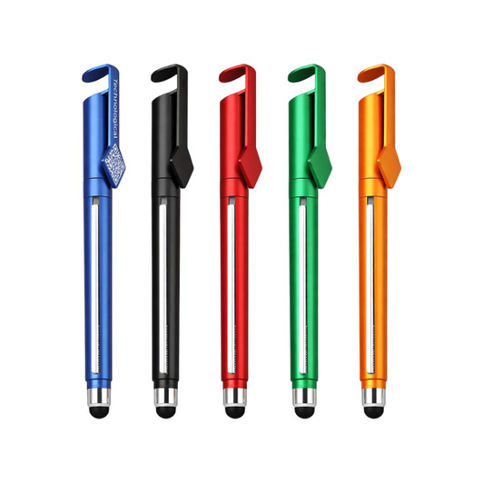 A set of five 4 in 1 QR Code Banner Pens in blue, black, red, green, and orange, each featuring a clip and logo.
