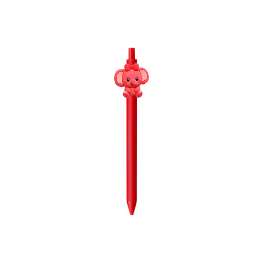 A red pen featuring a cute elephant design with a bow on top and a branded logo.