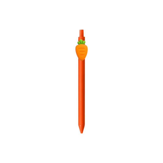 An orange pen featuring a carrot-shaped top and a green leafy attachment. It has a logo on the barrel.