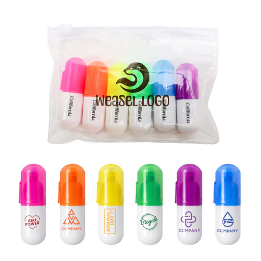 A clear pouch containing eight capsule highlighters in pink, purple, orange, and yellow, each with a white base and logo.