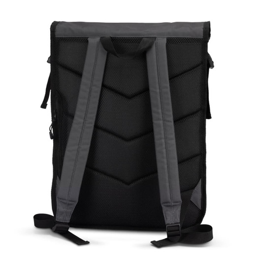 A black Fjord Backpack with grey straps and a textured back panel. It features a logo on the side.
