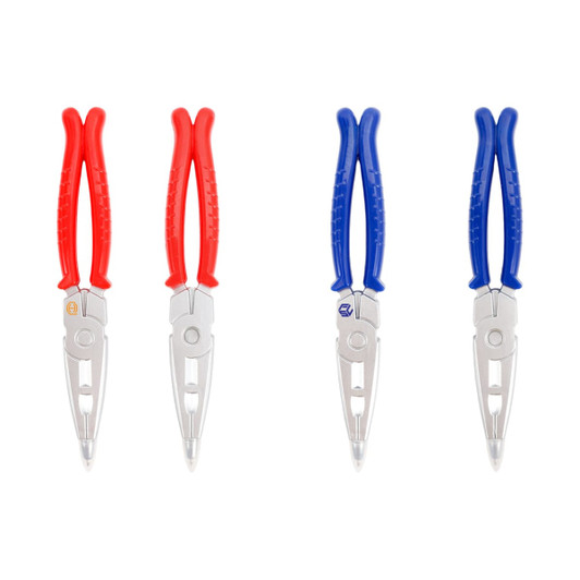 A plier-shaped ballpoint pen featuring red and blue handles, with silver metal detailing. It has a logo on one side.