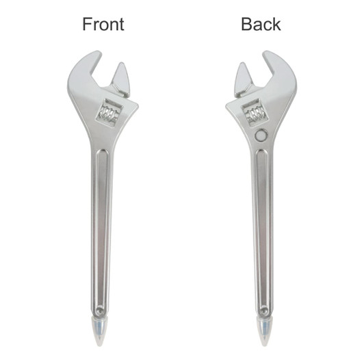 A spanner-shaped ballpoint pen in silver with a front and back view. It features a logo.